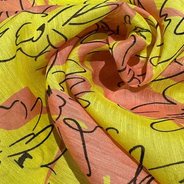 Black Line Yellow Flower Silk Linen Georgette High Quality Fabric