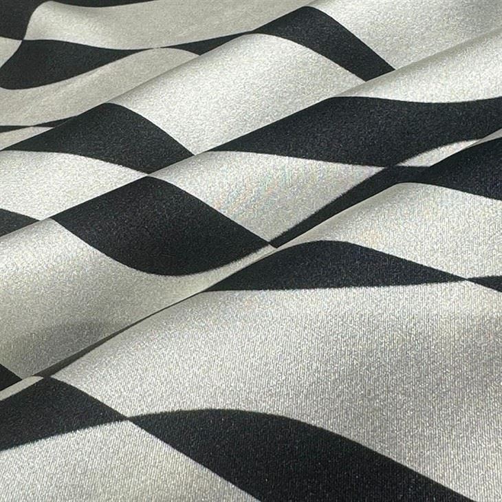 Gloss Soft Silk Satin Black And White Line Fabric