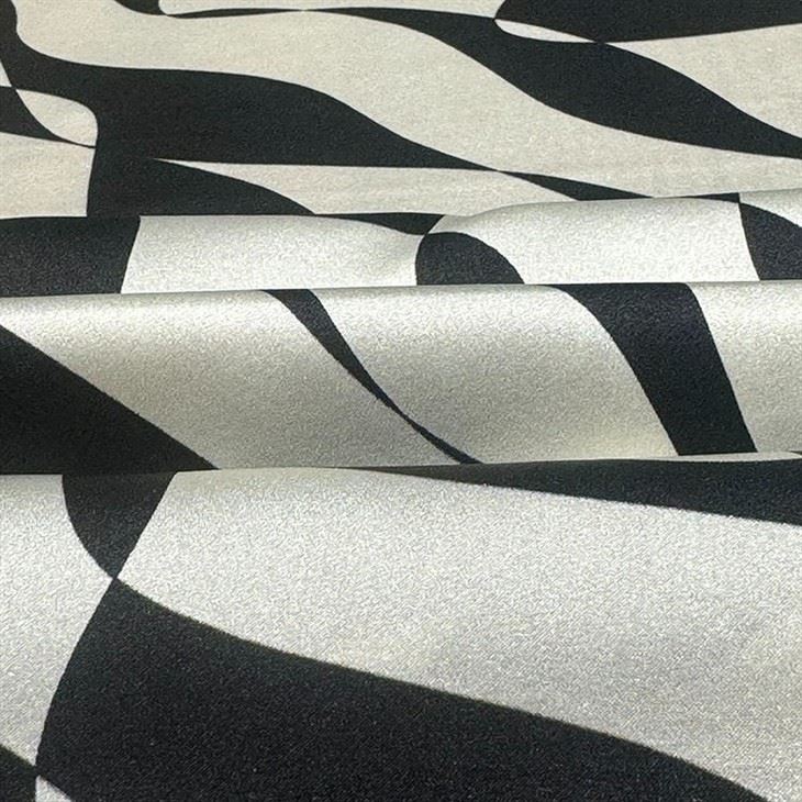 Gloss Soft Silk Satin Black And White Line Fabric