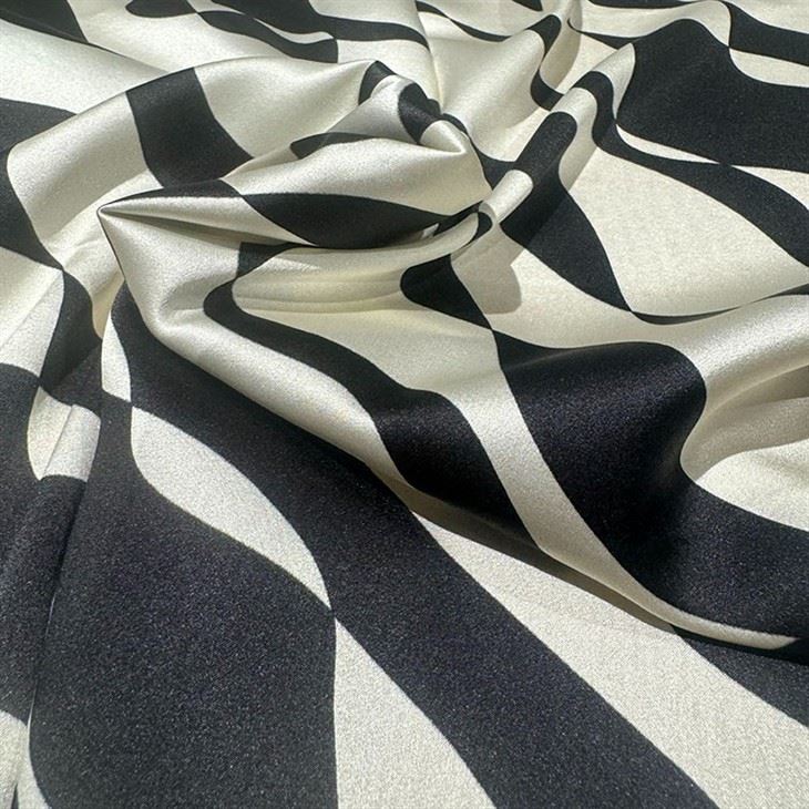 Gloss Soft Silk Satin Black And White Line Fabric